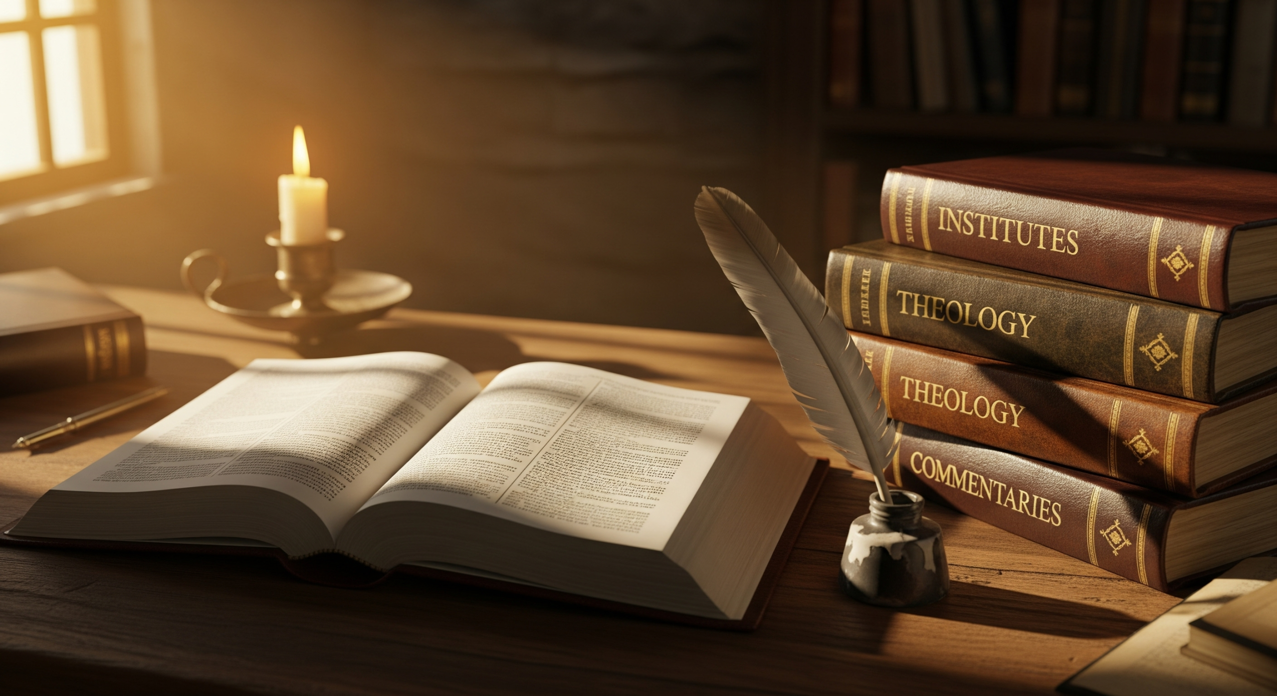 Una Biblia abierta sobre un escritorio de madera con una pluma, un candelabro y libros de teología protestante, iluminada por un rayo de luz